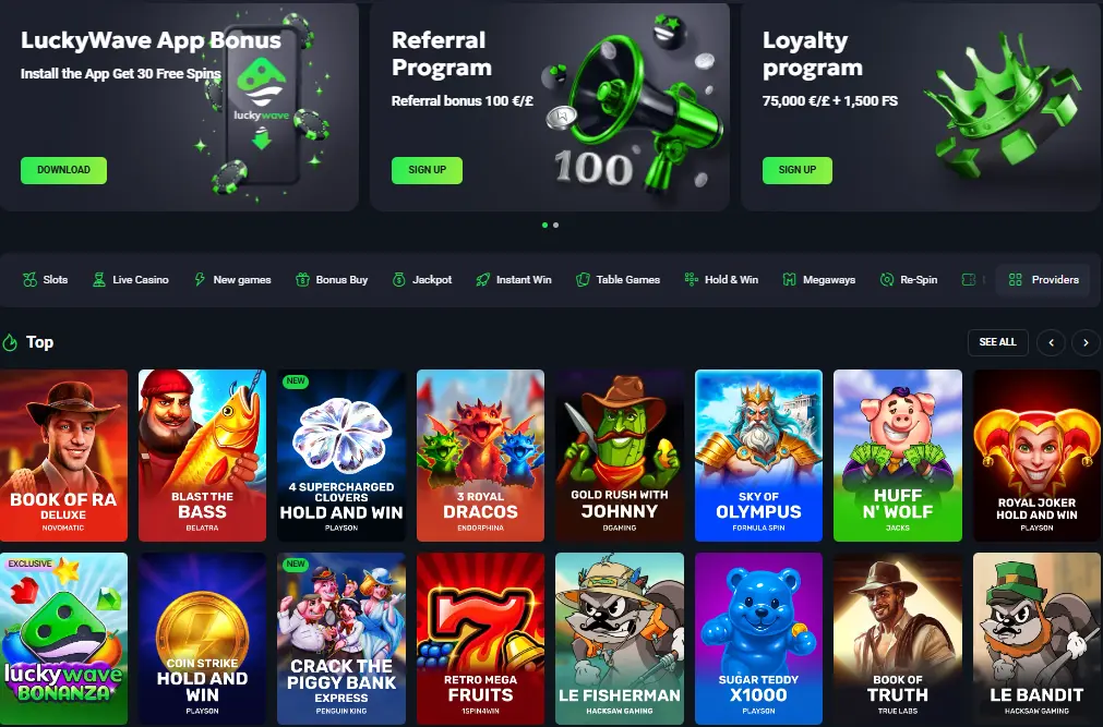 LuckyWave website-interface